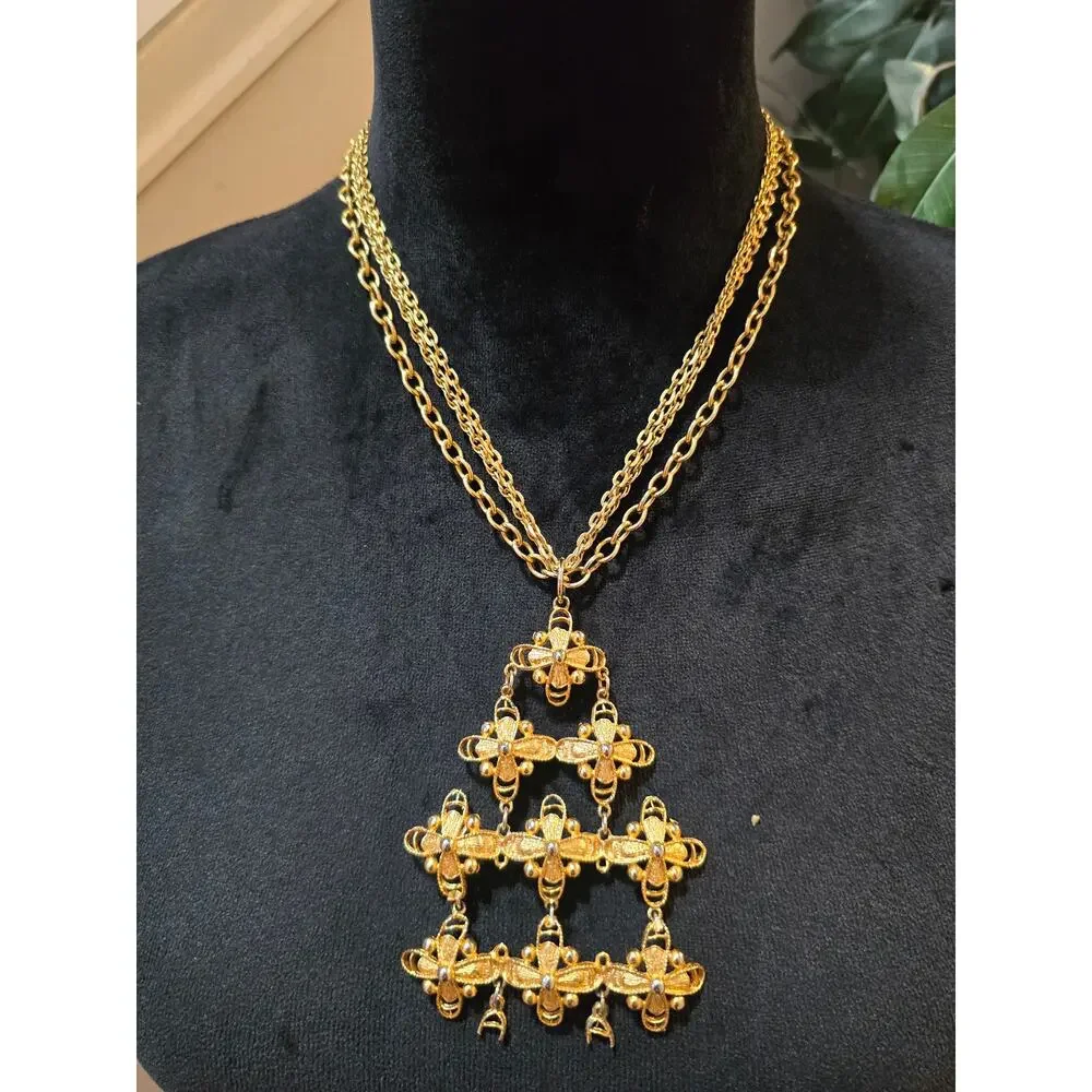 Women's Vintage Gold Tone Multi Chain Necklace Bee Design Statement Pendant